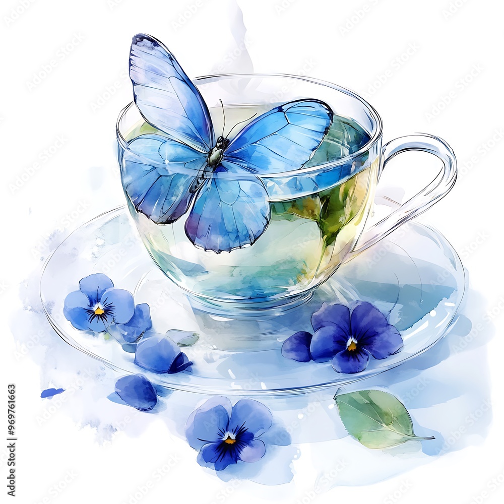 Poster Watercolor Painting of a Teacup with a Butterfly and Flowers.