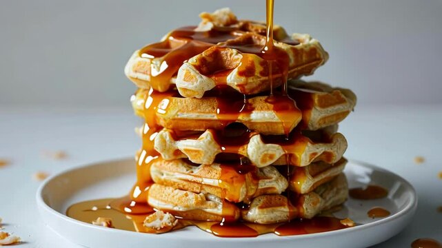A close up of golden waffles stacked high, drizzled with rich syrup, showcasing a warm and indulgent breakfast feast