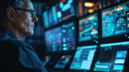 Industrial technician in control room managing complex systems, ensuring smooth operation and security of technical processes