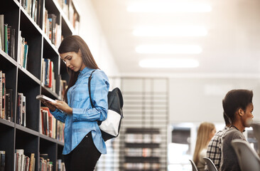 College, woman and search for book in library for education, knowledge and learning for exam. Philosophy, student and reading with information by shelf for planning, scholarship and academic material