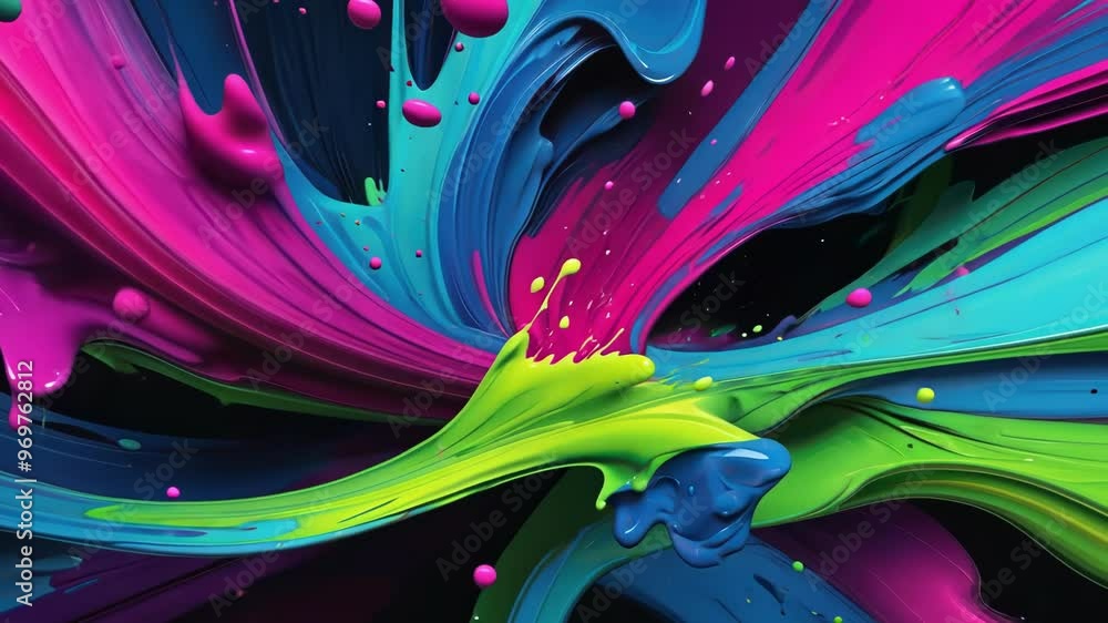 Poster an abstract visual of vibrant colors and fluid motion, showcasing the dynamic interplay of paint in 