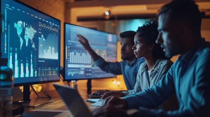 Group of analysts working late at night in a dark office, analyzing data on large digital screens with global maps and charts