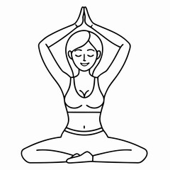 Calm cartoon woman practicing yoga in a meditative pose for coloring on white background 