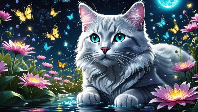 A serene silver cat rests by a pond surrounded by flowers and butterflies under a night sky.