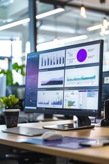 Interactive Digital Dashboard in Sustainable Office Showcasing Real-Time Energy Use and Savings