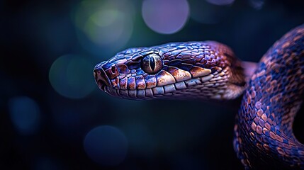 Fototapeta premium Snake’s piercing gaze in a dark background
