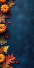 Autumn harvest with pumpkins and fall leaves on dark blue background for seasonal decor