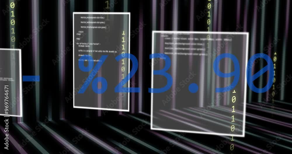 Poster percentage and code animation over digital data stream background