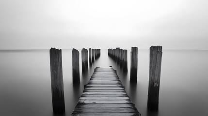 A Wooden Pier Extending into the Foggy Sea