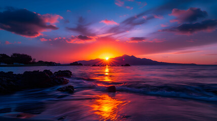 The Sun Setting Over The Ocean With Mountains