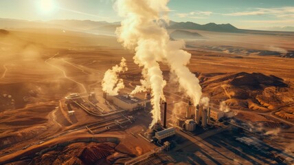 Aerial view of geothermal power plant emitting steam in arid desert landscape under bright sun with mountains in background
