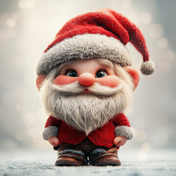 Dibujo de un gnomo vistiendo el traje de Pap&aacute; Noel, con bigote y barba, sobre fondo desenfocado bokeh en tono blanco y gris
