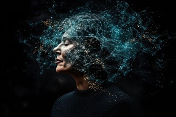 Connectivity grid neural integration thought connectivity brain mapping and cognitive function man with dissolving neural particles surrounding his head symbolizing fading thought and memory