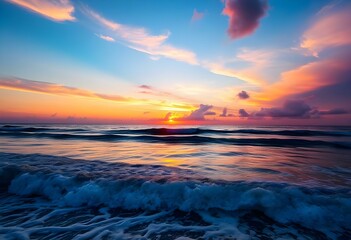 Obraz premium Beach Landscape Setting Sun Water Sky Horizon Framed by Clouds Sunset Over the Sea