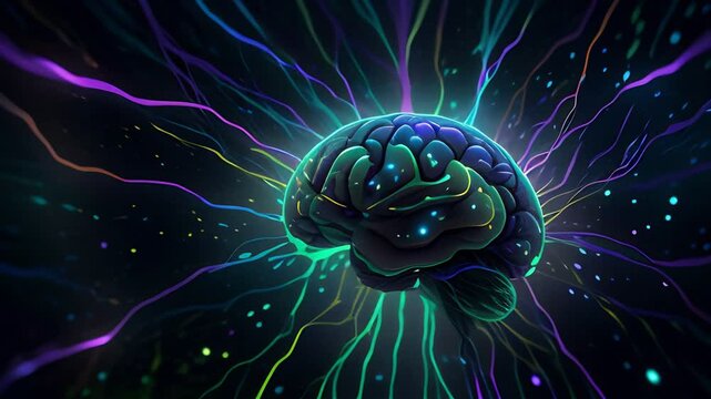 The brain that is composed of connected neurons.  Network of neurons, the brain's connection to space. AI generated animation with image transformations.