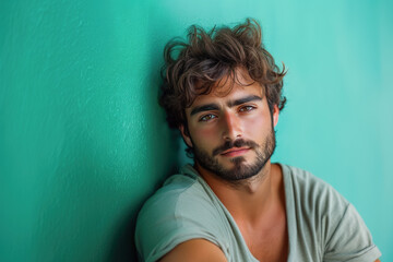 Obraz premium joven y bello modelo caucásico español de con bigote, barba mirando a cámara, vistiendo camiseta verde de mangas cortas, sobre fondo verde. Concepto salud masculina, movimiento de marzo