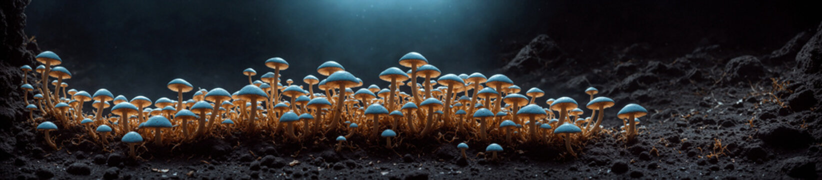 Psilocybin mushrooms with blue caps and yellow gills that glow brightly, grow in groups deep in the cave. Digital photorealistic illustration. The medicine of the future, a super cure, smart drug