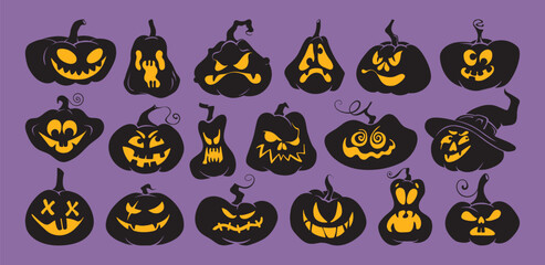 Halloween Pumpkin silhouette icon set. Spooky smiling black pumpkins with glowing eyes and mouth. Jack o lantern collection. Vector scary face illustrations for autumn cards, banners, sticker, posters