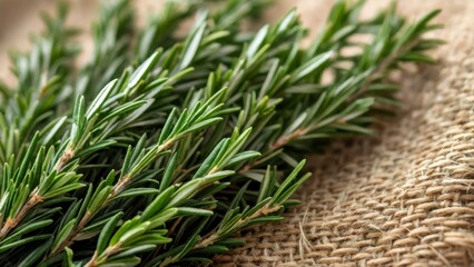 A bunch of fresh thyme on a burlap cloth.