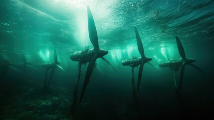 Beneath the surface, multiple tidal energy turbines rotate gracefully in the currents, working to produce clean, sustainable energy from the ocean’s power
