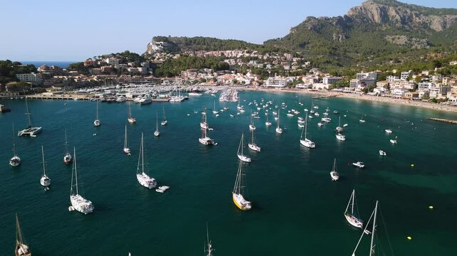 Aerial view above yachts in Port de Soller touristic village in Mallorca