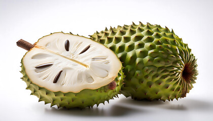 Whole and cut-open soursop fruit isolated on a clean white background, ideal for culinary, exotic...