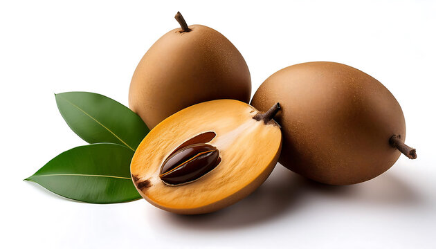 Whole and cut-open sapodilla fruit isolated on a white background, ideal for culinary, exotic fruit, and food themes