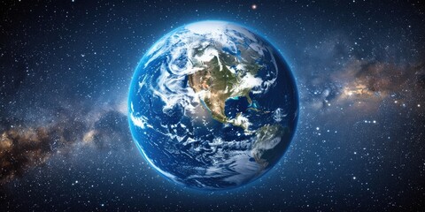 Fototapeta premium Earth, a vibrant blue and green sphere, is seen against a backdrop of the Milky Way galaxy, with countless stars twinkling in the distance
