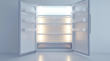 Fototapeta premium interior of a nearly empty fridge, showcasing clean, uncluttered shelves with only a few items inside. The focus is on the spaciousness and simplicity of the fridge’s interior, hig