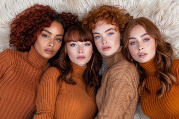 Fototapeta premium Four young women in brown and orange sweaters pose on a fuzzy white background