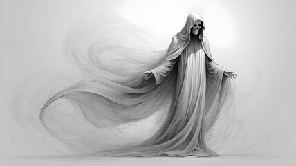 Fototapeta premium Ghostly figure with soft, flowing lines capturing the ethereal, transparent body, delicate shading to create a spectral, floating effect perfect for Halloween