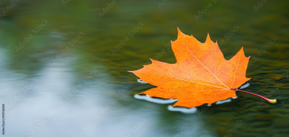 Wall mural a close-up of a single, vibrant autumn leaf floating on a reflective pond