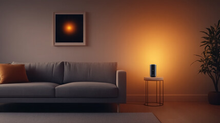 modern living room with smart home device and warm ambiance