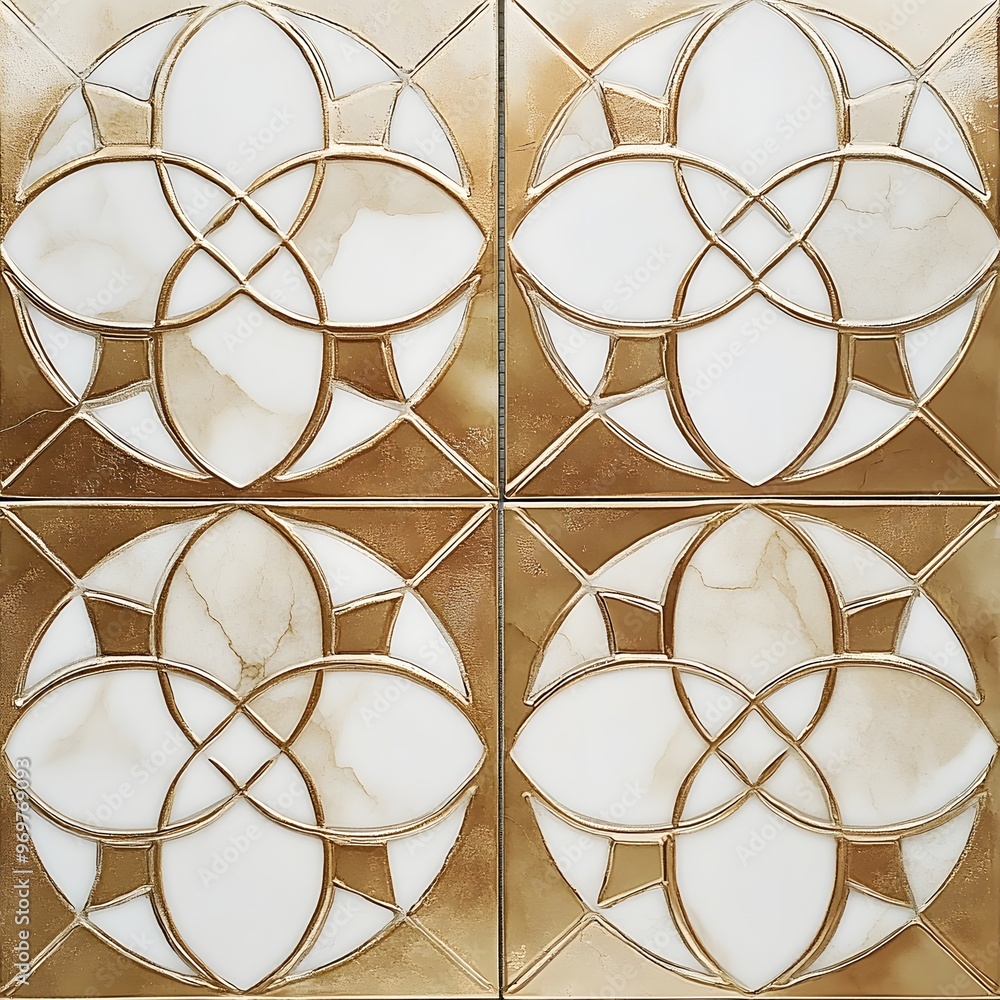 Poster 48. intricate tile pattern with interlocking shapes in muted gold and white