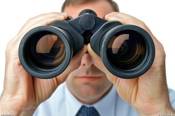 A man looks intently through a pair of binoculars, his focus narrowed to the unseen world beyond the lenses