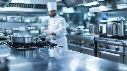 Obraz premium interior of a bustling industrial kitchen, focusing on a bain-marie machine in use. The background should showcase other kitchen equipment and stainless steel surfaces, emphasizing
