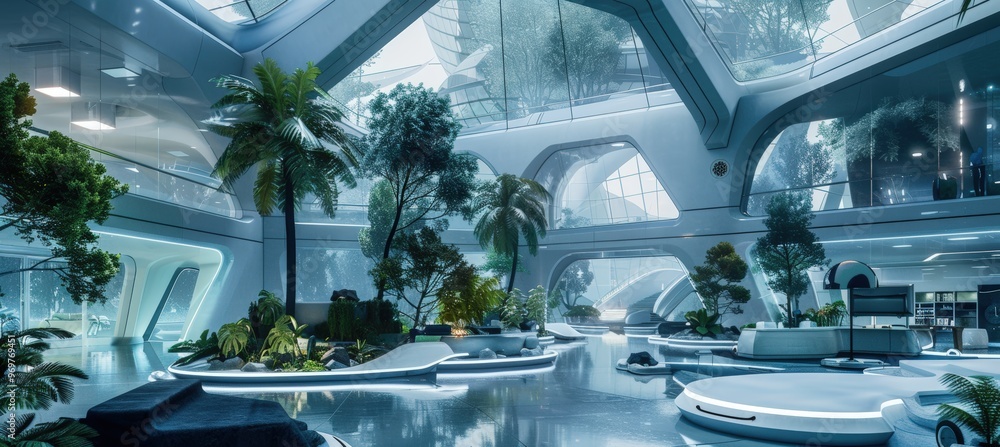 Poster futuristic office complex design with eco-friendly elements and sleek architecture for modern urban 