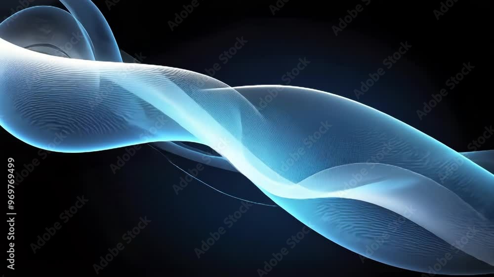 Poster an abstract visual showcasing fluid waves of light in blue tones, conveying motion and elegance thro