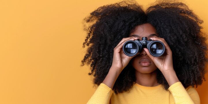 A young woman with a large afro hairstyle holds binoculars up to her eyes, focusing on a distant point with a serious expression