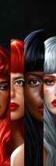 Obraz premium Diverse Women's Portraits with Red, Black, and White Hair in Artistic SplitPanel Design