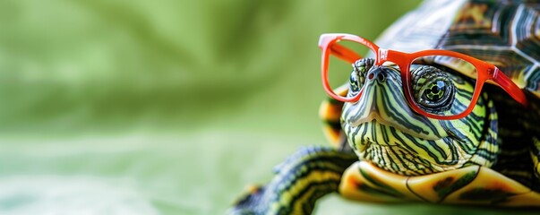 Turtle Wearing Red Glasses on Green Background &ndash; Quirky Animal Portrait