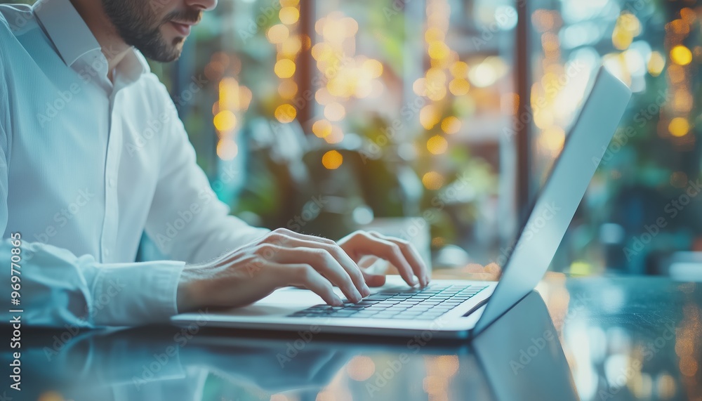 Aufkleber businessman utilizing erp and document management concept on laptop with virtual screen icons and of