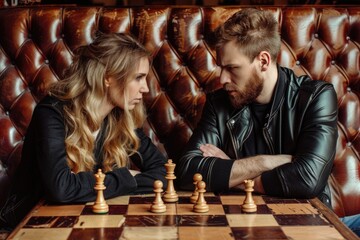 A man and a woman sit across from each other at a chessboard, their faces etched with concentration. A leather booth provides a backdrop to their intense game