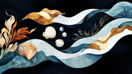 An underwater-themed collage where seaweed, fish, and shells form flowing Art Nouveau designs