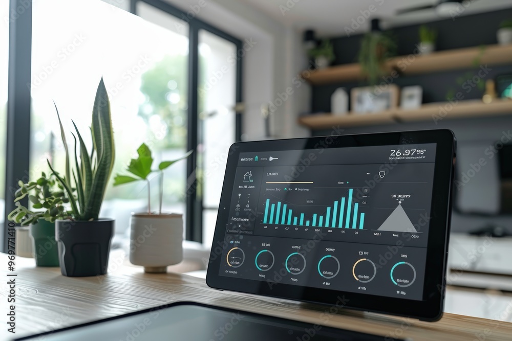 Poster modern home energy monitoring system display - real-time consumption and savings interface for smart