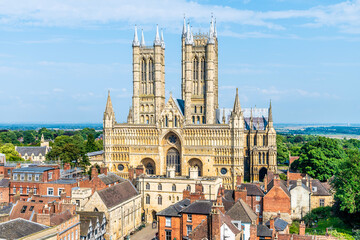 A close up view of the Cathedral from the castle battlements in Lincoln, Lincolnshire in summertime