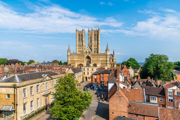 A view from the castle battlements towards the Cathedral in Lincoln, Lincolnshire in summertime