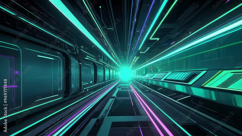 Poster a dynamic, futuristic tunnel illuminated by vibrant neon lights, suggesting speed and a tech driven 
