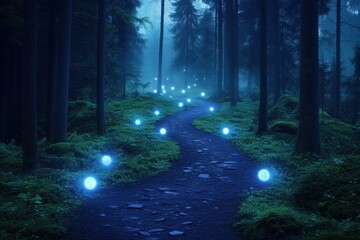Obraz premium Enchanted Forest Path: A winding path through a mystical forest, illuminated by a string of ethereal blue orbs, creates a mesmerizing and magical scene. soft glow of the orbs 