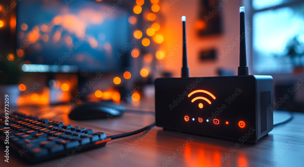 Poster a black box with a wifi symbol on it sits on a wooden table next to a computer keyboard. the room is